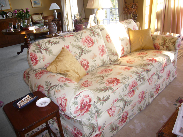 Upholstered sofa and cushions